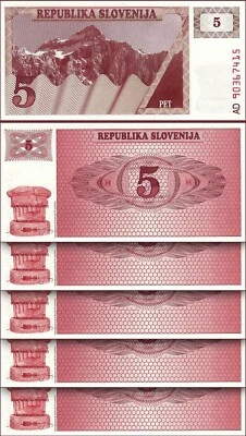 Slovenia  5 Tolarjev 1990, UNC, 5 Pcs LOT, P-3, First Issue - Image 1 of 4