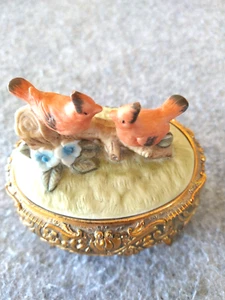 Music Box Brass Caseing With Ceramic Red Birds on Top Made in Japan Vintage 70s - Picture 1 of 7