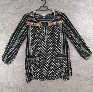 Krista Lee Top Women Small Black Beige Floral Pull-Over Tunic Embroidered Beaded - Picture 1 of 12
