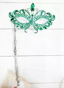 Masquerade Mask with Stick, Wedding Party Silver Mask, Prom Green Crystal Mask - Picture 1 of 7