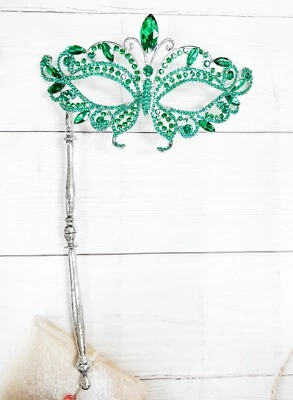 Masquerade Mask with Stick, Wedding Party Silver Mask, Prom Green Crystal Mask - Image 1 of 4