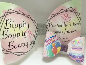 HAPPY BIRTHDAY BALLOONS 4" PRINTED CANVAS FABRIC BOW LOOPS TO MAKE HAIR BOWS - Picture 1 of 4