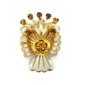 Vintage Brooch Pendant Amber Yellow Rhinestones Butterfly Bird Gold Tone - Picture 1 of 6