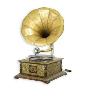 9934958-d Grammophon Messingtrichter Holzgehäuse Deko vintage 37x37x65cm - Picture 1 of 1