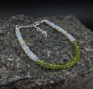 Green Peridot & Fire Opal 3-4MM 2 Multi Faceted Rondelle Gemstone Beads Bracelet - Picture 1 of 8