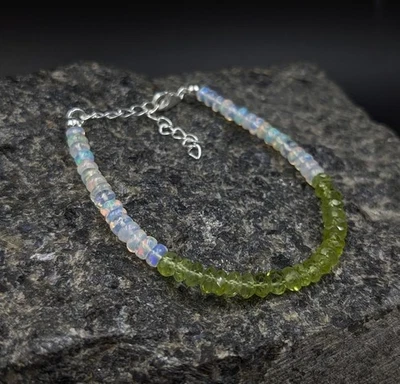 Green Peridot & Fire Opal 3-4MM 2 Multi Faceted Rondelle Gemstone Beads Bracelet - Image 1 of 4