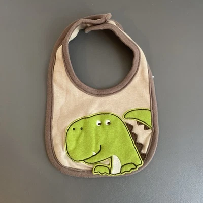 Carters Newborn Green Dinosaur Brown & Tan Baby Bib | 100% Cotton | Hook & Loop - Image 1 of 4