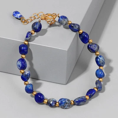 Lapis Lazuli Stone Bracelet Women Irregular Chip Adjustable Beaded Jewelry - Image 1 of 4