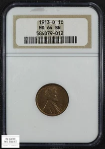 1913 D Lincoln Wheat Copper Cent 1C NGC MS 64 BN - Picture 1 of 4