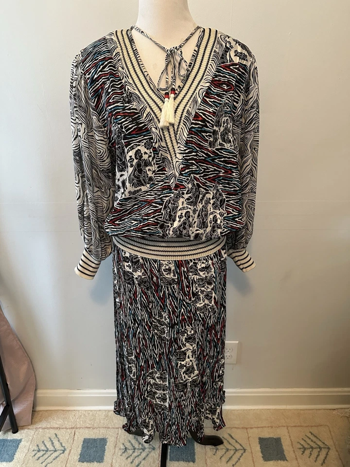 Conjunto de blusa e saia vintage anos 80 Diane Freis preto e branco boho padrão grego - Imagem 1 de 4