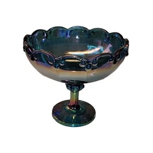 Indiana Glass Iridescent Blue Carnival Glass Pedestal 8.5” Bowl Vintage Exec Con - Picture 1 of 13