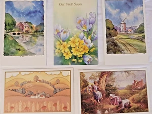 5 Greeting Cards 4 Blank 1 Get Well NO ENVELOPES Water Colors Farm Scene Flowers - Picture 1 of 10