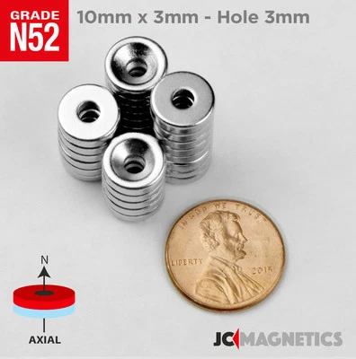JC-MAGNETICS 10mm x 3mm Hole 3mm N52 Strong Countersunk Ring Rare Earth Magnets