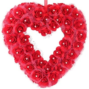 Valentines Day Heart Shaped Wreath for Front Door Red Rose Door Wreath for Ho... - Picture 1 of 6