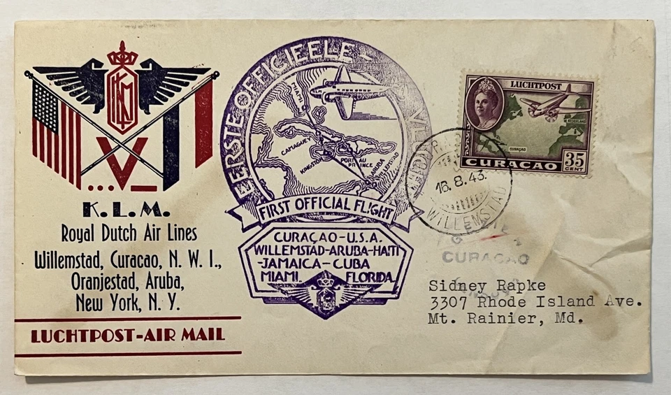 CURAZAO KLM 1943 PRIMER VUELO CUBIERTA REAL LÍNEAS AÉREAS HOLANDESAS CACHÉT Foto 1 de 4