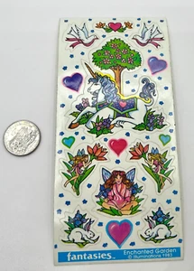 Vintage 80s Stickers Illuminations Fantasies Enchanted Garden Unicorn 1983 7 x 3 - Picture 1 of 4