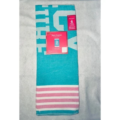 全新带标签 Juicy Couture 沙滩毛巾 6 英尺长蓝色粉红色白色棉提花 — 第 1/4 张图片