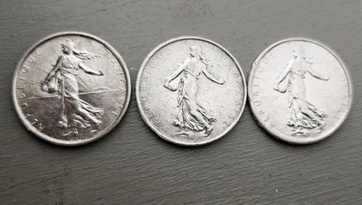 Lot de 3 pièces de 5 Francs argent Semeuse 1961, 1961, 1963 - Photo 1/2