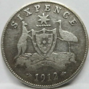 AUSTRALIEN Sixpence 6P 6 Pence 1912 Fine Emu Silber Großbritannien George V Stern #B42 - Bild 1 von 2