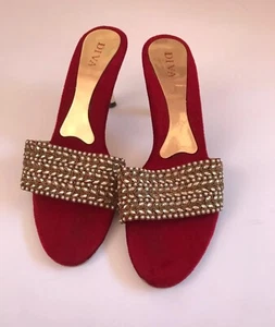 Womens Red & Gold Sequins Beaded Shoes Size 6 Evening Party Stiletto Heels - Picture 1 of 6