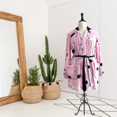 Cuerda de baño con capucha y cinturón estampado de ovejas XL rosa negro PJ Salvage para mujer Foto 1 de 4