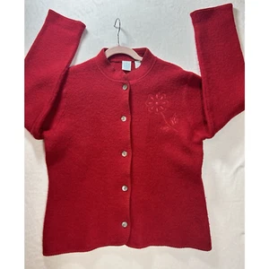 Christmas Jacket Red Boiled Wool Button Front Sweater cardigan floral applique M - Picture 1 of 6