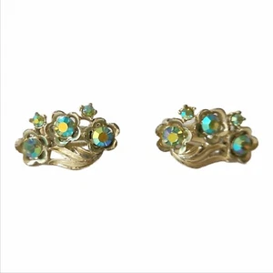 Vintage Earrings AB Crystal Blue Silver Tone Flower Star Jewelry Company Clip On - Picture 1 of 5