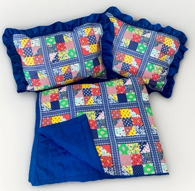 VTG Patchwork Square Quilt & 2 Matching Sham Set Bold Multicolor On Blue 86x74” - Image 1 of 4