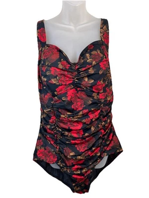 Torrid Slimfit 尺寸 3 22/34 游泳泳衣红色黑色花卉连体衣无钢丝 — 第 1/4 张图片