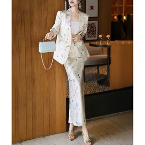 Conjunto de traje falda chaqueta floral camisa falda abrigos imitación ácido acético temperamento - Imagen 1 de 10