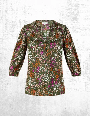 Women’s Monsoon Jersey Shirt ¾ Sleeve Ditsy Print Cotton V Neck Green Multi - Image 1 of 4