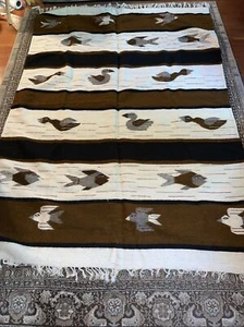 Vintage Mexican Heavy Duty Wool Blanket White/Brown Fish, Birds, Ducks Print - Picture 1 of 3