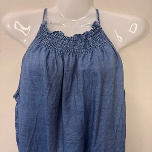 Soho Jeans Chambray Top gesmokt Neckholder ärmellos weiß Print blau Gr. M - Bild 1 von 13