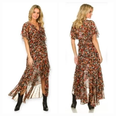 MISA Los Angeles Katarina Black Orange Floral Boho Ruffle Maxi Dress Size XS - Image 1 of 4