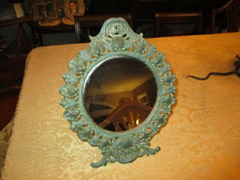 VINTAGE VICTORIAN OVAL METAL HEAVY LARGE STANDING  MIRROR VG CONDITION & PRICE Cover