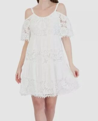 Signature by Robbie Bee Women's White Cold-Shoulder Lace Shift Dress Petite PS - Image 1 of 2