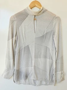 Zimmermann Shirt SIZE 0 White Grey Roll Collar Geometric Stripe Top Blouse EUC - Picture 1 of 8