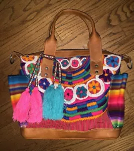 Nena & Co Genuine Leather Huipil Floral & Pom Poms Tassel CDB Aurora OOAK ❤️tb - Picture 1 of 9