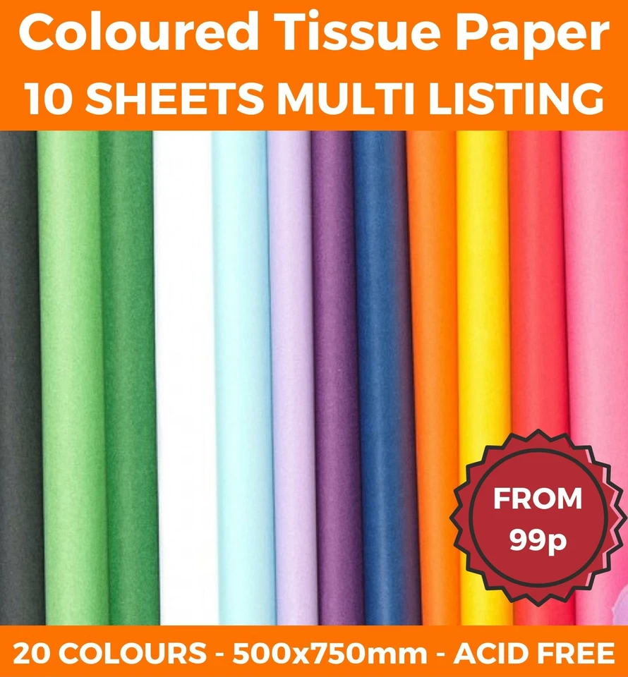 10 SHEETS - TISSUE PAPER LARGE ACID FREE QUALITY SHEETS BIO 50x75 20 COLOURS - Image 1 of 1