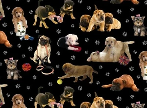 BTY Litters N Stuff Playing Dogs Paw Black Quilt Cotton Fabric By The Yard - Picture 1 of 1