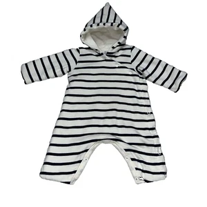 Petit Bateau Baby Romper White Navy Striped size 1 Month Jumpsuit Padded Hooded - Picture 1 of 9