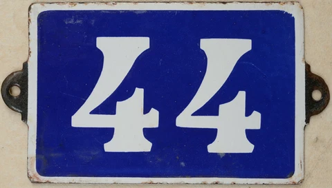 Old blue French house number 44 door gate plate plaque enamel metal sign steel Cover
