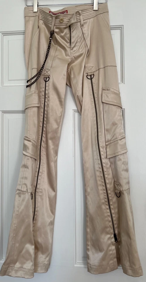 Vanilla Star Jeans Brillante Beige/Crema Carga Pantalones Cremallera Acampanados Bolsillos Cadena Y2K Foto 1 de 4