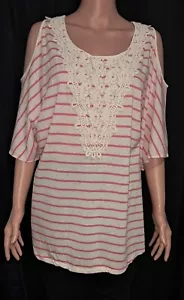 Bit & Bridle Open Shoulder Top, White w/Pink Stripes, Size 2X - Picture 1 of 6