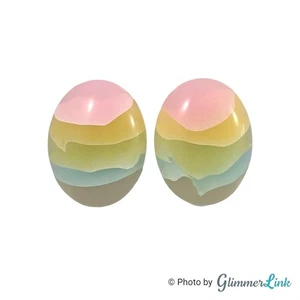 Vintage Lucite Pastel Stripe Oval Earrings 1980s Pink Yellow Green Blue - Picture 1 of 14