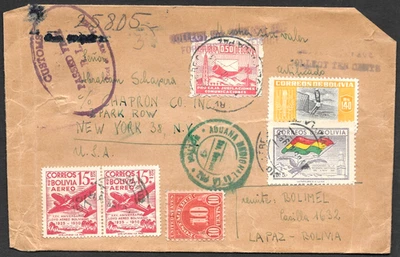 Bolivia Registered Airmail Cover to USA, Customs Marking, Postage Due Stamp 1950 - Image 1 of 2