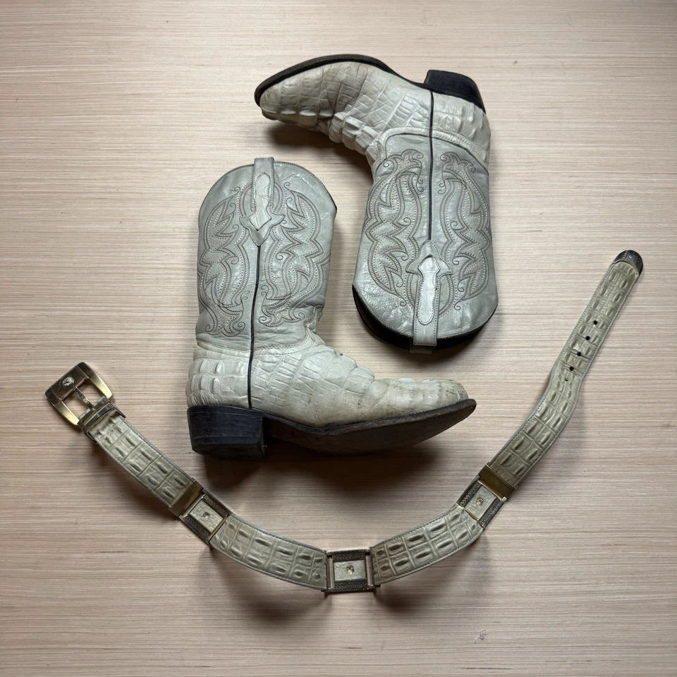 Vintage Cowboy Boots Men’s 8.5 Exotic Alligator Western Boots & Belt White Rodeo - Image 1 of 4