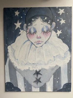 Pintura de fantasía de payaso triste gris celestial en tablero de lienzo de 8x10 Foto 1 de 4