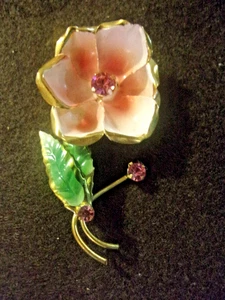 Vintage Enamel Flower Brooch Pin w pink stones 2 1/2 " long 1 - 1/2" w a beauty - Picture 1 of 7