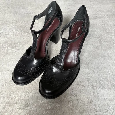 Vntg Nine West Leather Black Buckled Cut Out High Heal Grunge Goth Mary Jane Sz8 - Image 1 of 4